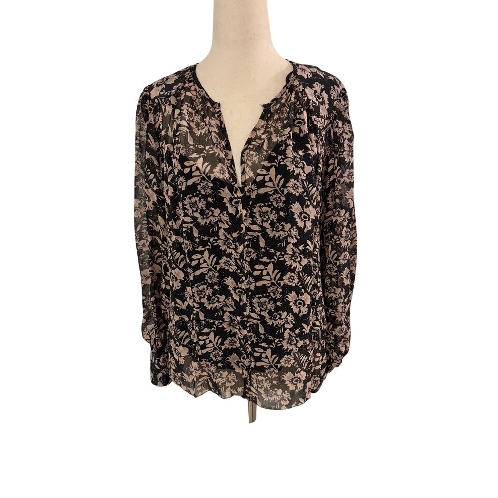 Velvet Floral Blouse Women’s Medium Black Built-In Tank Long Sleeve V-Neck